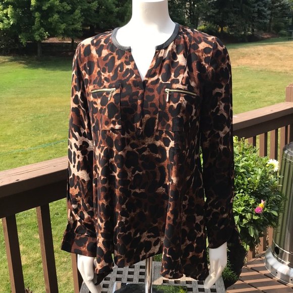 Rafaella Leopard Animal Print Tawny Long Sleeve Blouse Top M Work Office - Picture 1 of 11